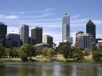 Perth view from John Oldany park. Australian city water reflection. 