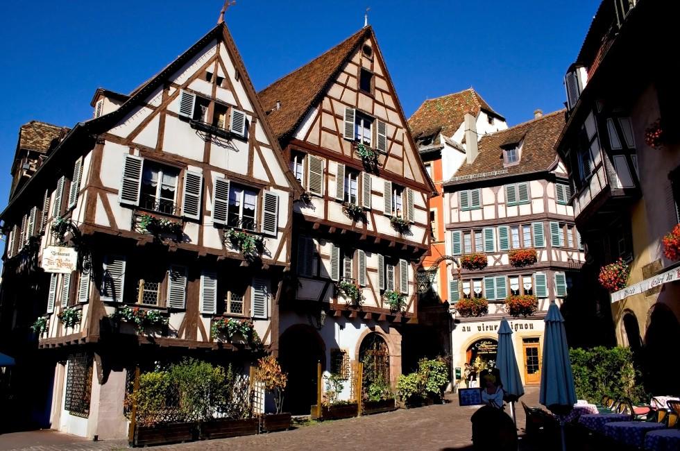 View of Alsace typical traditional street (Colmar, France)